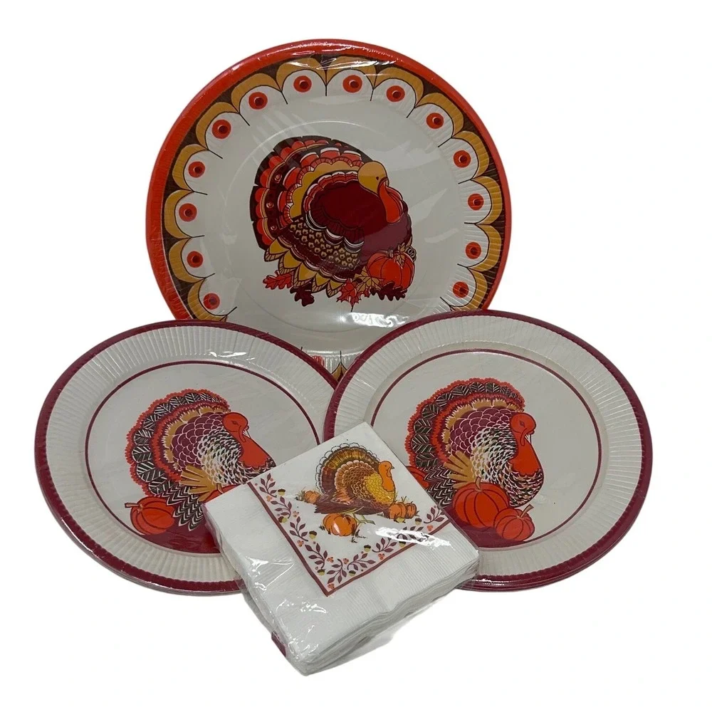 Vintage Gibson Thanksgiving Party Plates and Napkins Set Turkey Harvest‎ 24pc